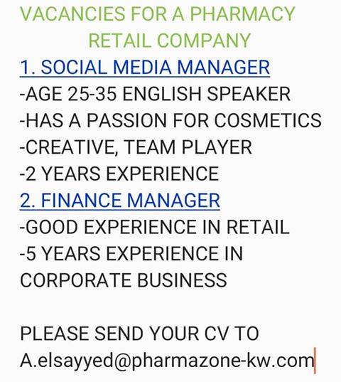 Kuwait Pharmacy Retail Company Jobs Advertisement