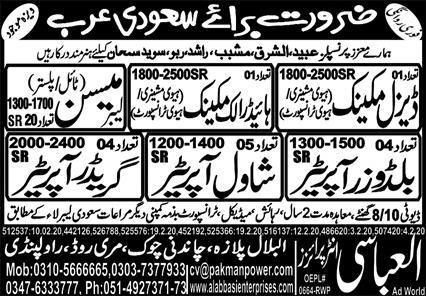 Saudi Arabia Operators and Mechanics Jobs Advertisement