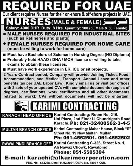 UAE Male and Female Nurses Jobs Advertisement