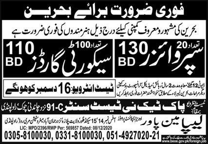 Bahrain Supervisor and Security Guards Jobs